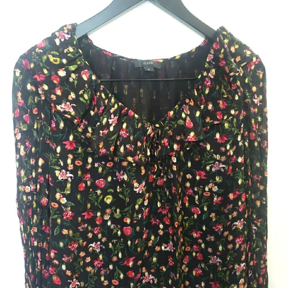 J. Crews Women's Size S Long Sleeve Floral Gold Metallic V-Neck Blouse